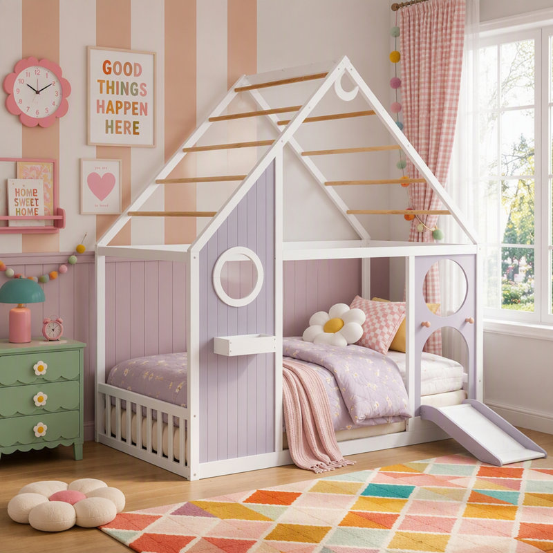 Lit de maison avec glissoire et boule lumineuse, maisonnette en bois pour des chambres amusantes et élégantes, Purple