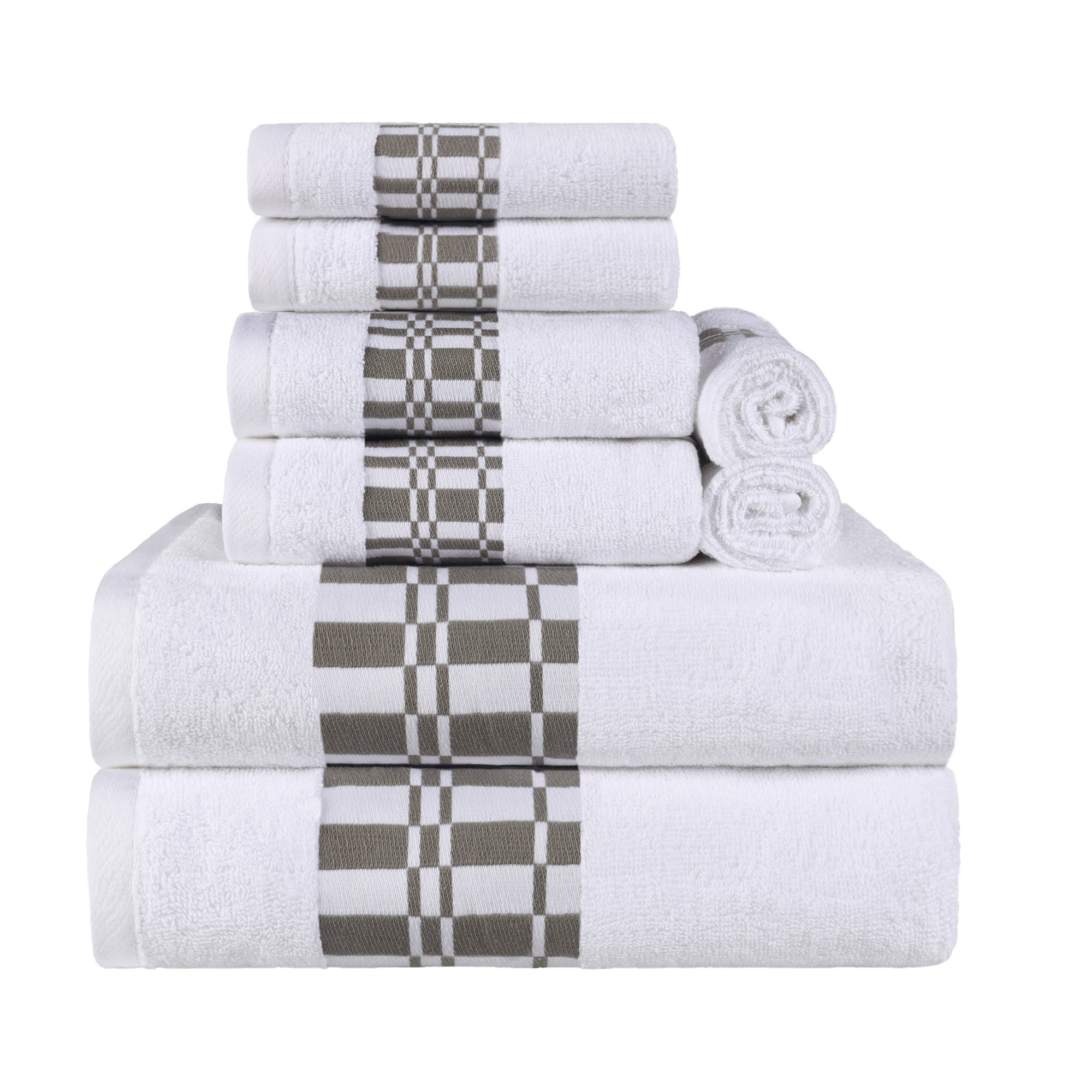 Mikira Larissa Cotton Medium Weight Geometric Border 8 Piece Assorted Towel Set, White/Gray
