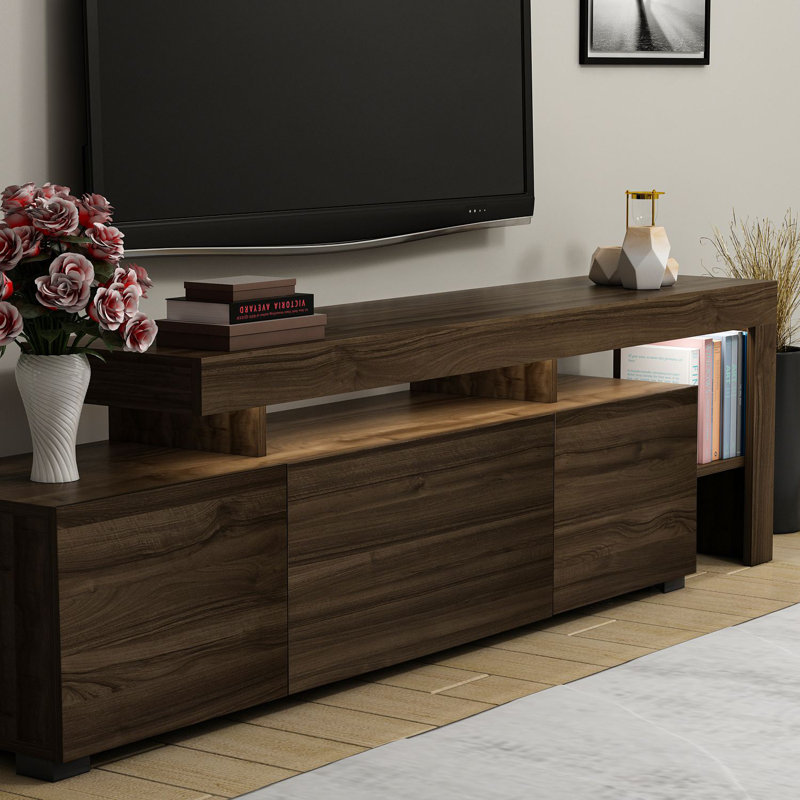 Modern Walnut TV Stand with LED Lights, 75.6 x 20.9 x 14.6 inches | 100% Melamine Coated Particle Board, PVC Edgebanding, Numerous Shelves, Wall-Mountable Design | Perfect for Stylish Living Rooms & Entertainment Spaces