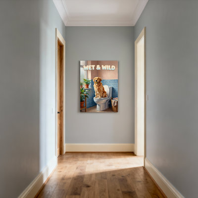 Golden Retriever Dog On Toilet Wet And Wild Canvas Wrapped Wall Art Oil Painting Print Set Of 1