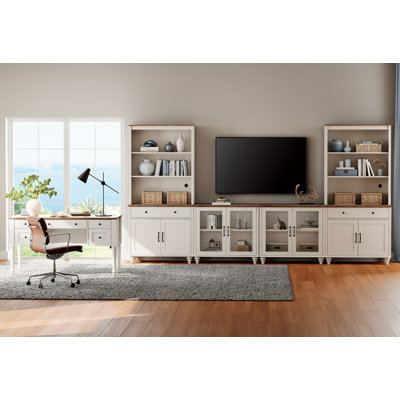 Farmhouse Style Desk And TV Stand Combo Set, Entertainment Center With Bookshelves For Tvs Up To 75",Writing Desk For Home Office And Living Room, White