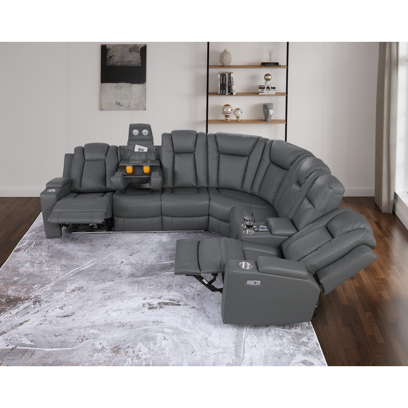 Tehillah Power Reclining Corner Curved Sectional with Wireless Charging, Gray Faux Leather
