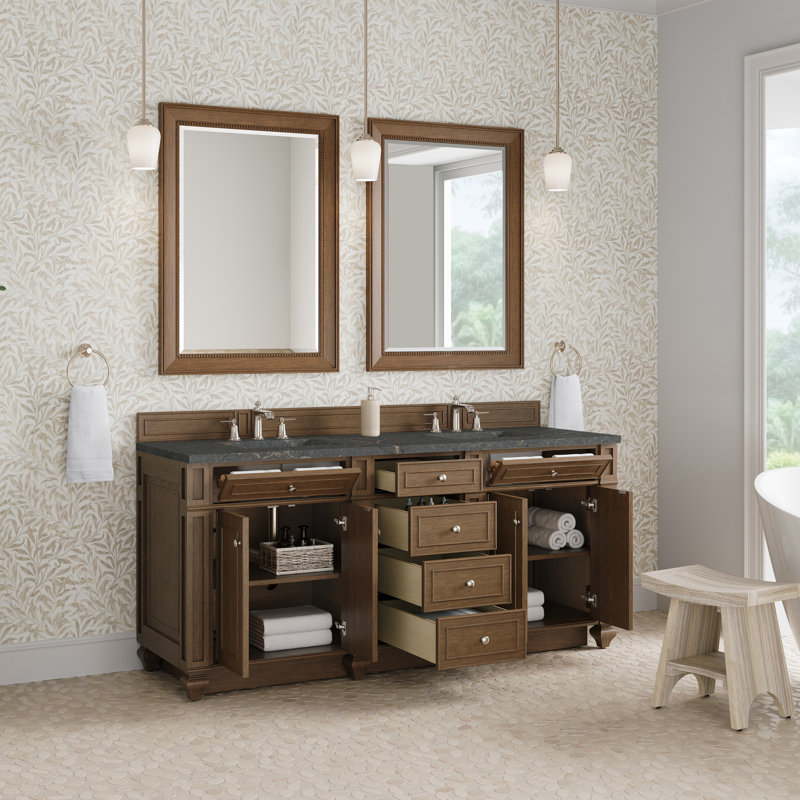 Meuble-lavabo double l 72 po Bristol, Brun selle, Bleu Parisien, 8 po