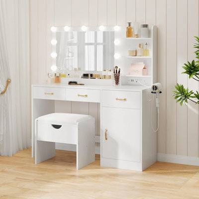 Bureau de meuble-lavabo à DEL avec miroir, 11 ampoules et prise de courant, 3 tiroirs et tablettes de rangement, tabouret rembourré inclus, blanc