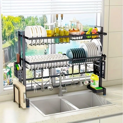 Countertop Dish Drainer Rack, Adjustable Kitchen Sink Rack, Kitchen Storage Rack, Black, 1-Piece Set