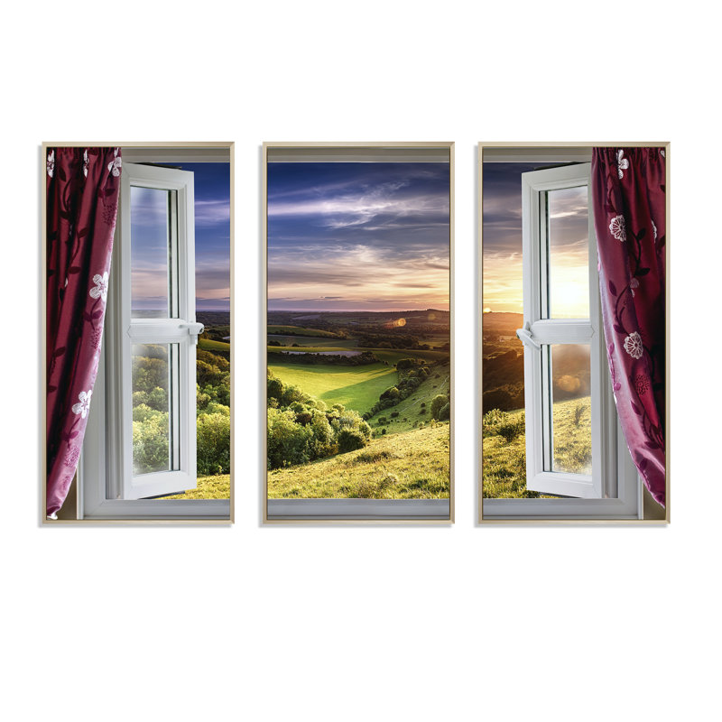 Vue de fenêtre - ensemble d'art mural sur toile encadré paysage de 3, L 36 po x H 20 po, Brun