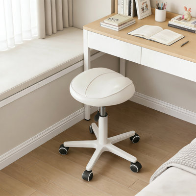 Tabouret ergonomique pivotant à roulettes, réglable en hauteur, avec assise rembourrée épaisse, idéal pour salon de coiffure, domicile ou bureau, blanc.