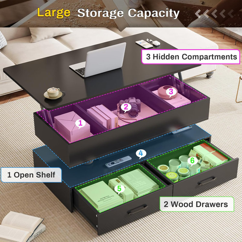 Black Metal Rectangular Lift-Top Coffee Table with Storage and LED Lights