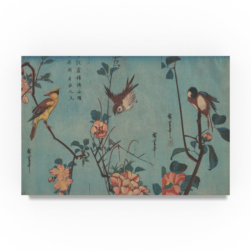 Teal Canvas Print with Birds and Flowers, 12x19 Inch