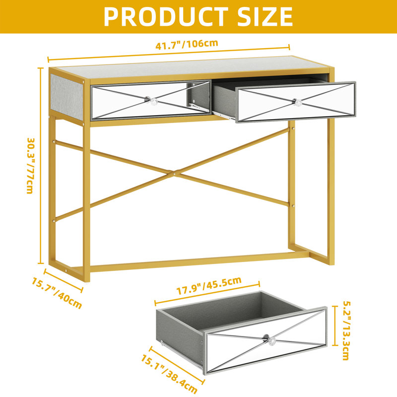 Mercer41 Vanity Desk With 2 Mirrored Drawers, Gold Dressing Table For Make Up, Console Table For Living Room, Entryway, Bedroom