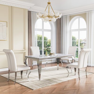 70" Large Rectangular Marble Dining Table, Elegant Faux Marble Kitchen Table With S-Shape Stainless Steel Legs, Luxury Dining Table