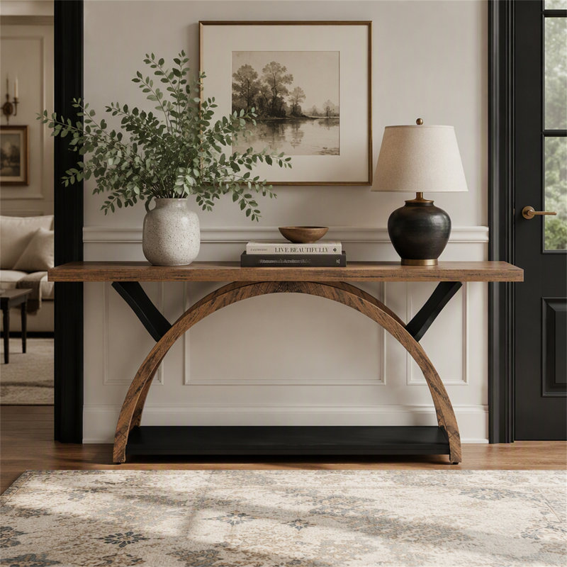 Console à deux niveaux, table d'entrée de 180 cm avec cadre en demi-lune, Brun