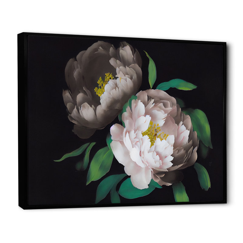 «White Blossoming Peony on Black III», reproduction sur toile, L 20 po x H 12 po, Toile à cadre flottant noir