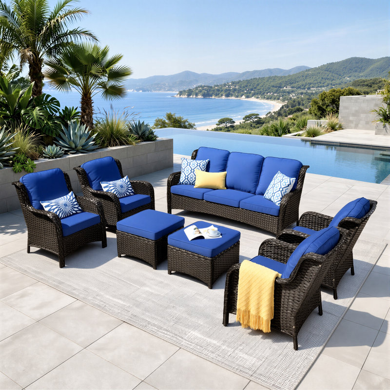 Ensemble de conversation en osier / rotin pour 7 personnes avec coussins, Coussin bleu marine / structure brune