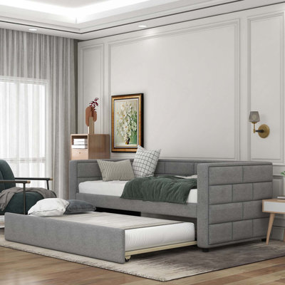 Upholstered Daybed With Trundle Padded Back For Small Bedroom Sturdy Wood Construction No Box Spring Needed