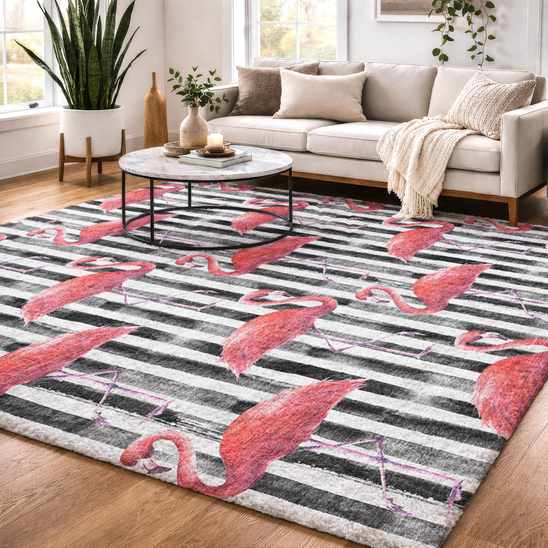 Premium Machine Washable Dream Shag ADS204 Striped and Flamingos Rug, 9' x 12'