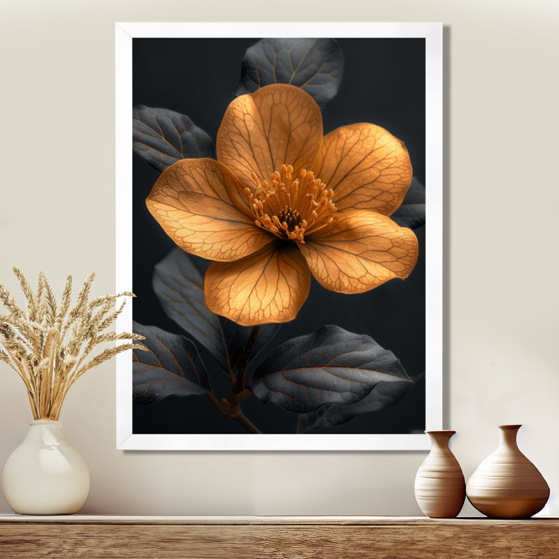 Décoration murale photo de magnolias doré doré et noir de luxe, Cadre flottant doré, H 24 po x l 32 po