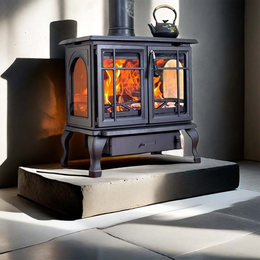 Oversized glass interior heating fireplace