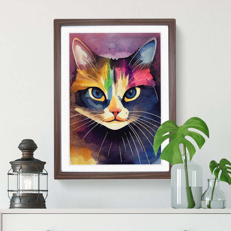 Cat Watercolour No.1 - Wall Art, 66cm H x 48cm W x 2cm D, Walnut Framed, White