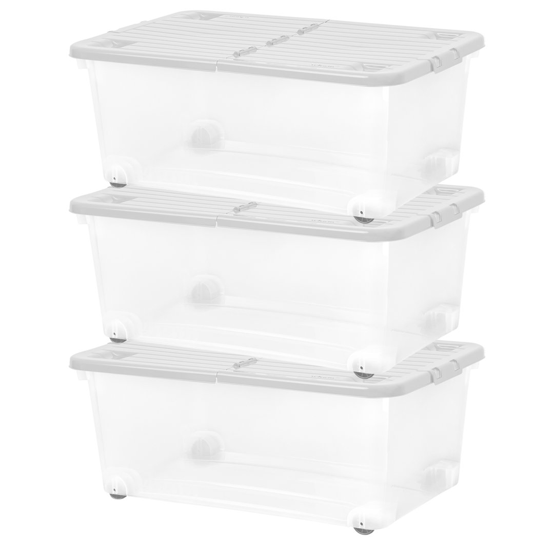 Wham 45L Plastic Storage Box with Wheels and Folding Lid Pack of 3 Clear/Cool Grey