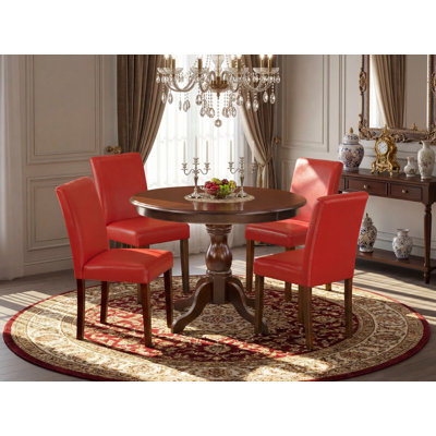 5 Piece Dining Table Set Includes a Round Wooden Table with Pedestal and 4 Firebrick Red Faux Leather Parson Dining Room Chairs, Mahogany