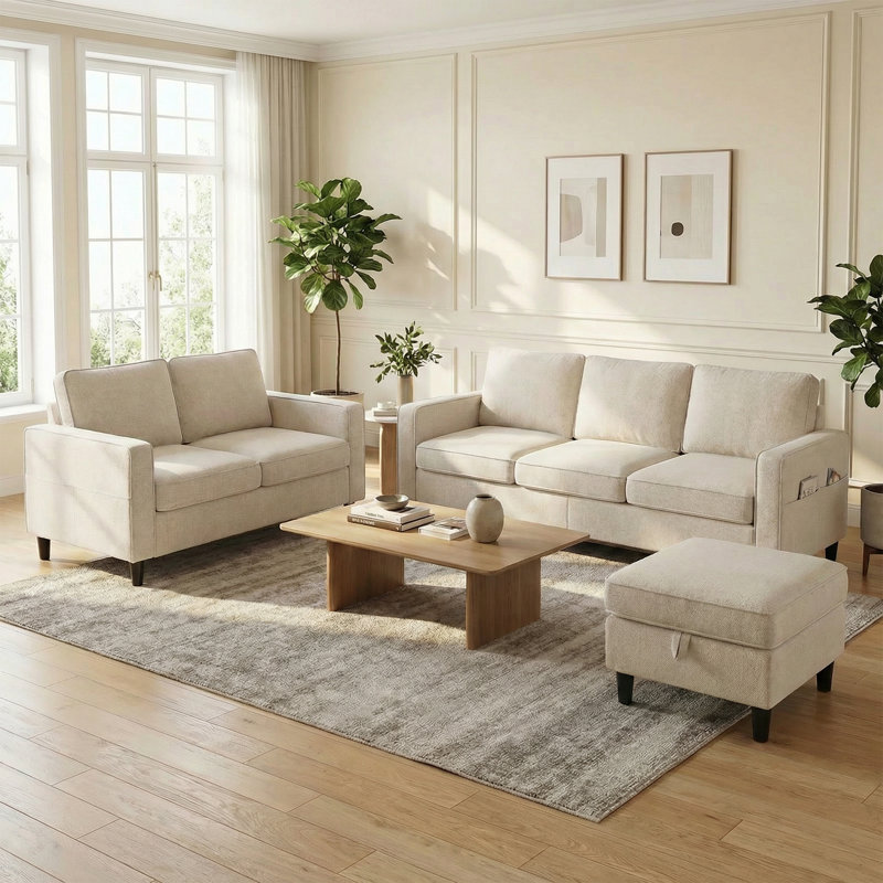 Ensemble de canapé 3 places en L 3 pièces en lin avec causeuse avec repose-pieds et poches latérales, beige, Beige