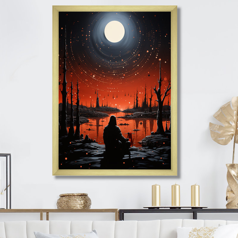 Cérémonie Native Moonlit, paysage, art mural amérindien, salon, Cadre doré simple, H 40 po x l 30 po x P 1,5 po