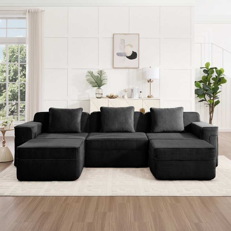 Cloud Sectional Couch With Deep Seat, Black Corduroy