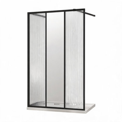 Porte de douche fixe de 34 pouces en alliage d'aluminium noir mat et verre trempé avec miroir central et panneaux à motif cannelé