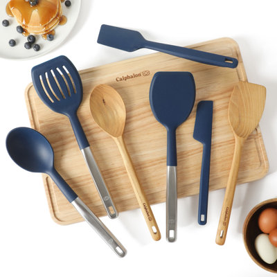 Ensemble d'outils de cuisine Calphalon Prime 7 pièces en silicone et teck - Bleu marine