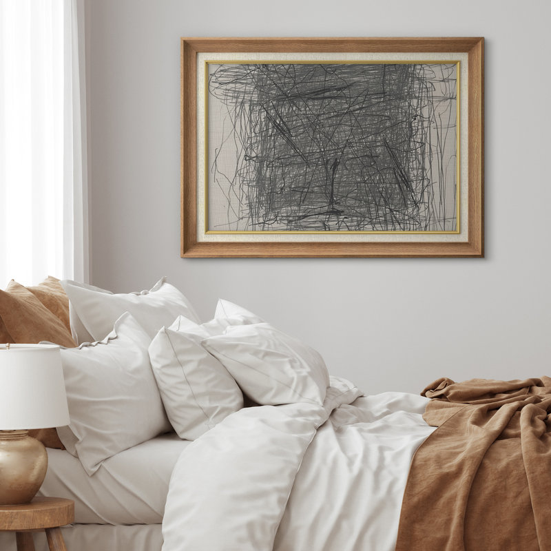 Peinture abstraite monochrome ligne grise, H 26 po x l 36 po x P 1,5 po, Cadre naturel de qualité supérieure