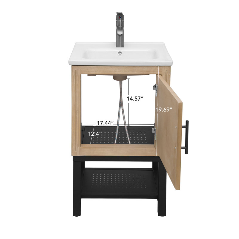  Meuble-lavabo autoportant avec lavabo en céramique et tablette de rangement 20 po, chêne naturel, Beige