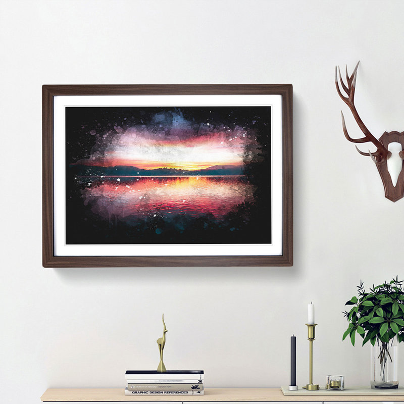 Sunset Over Lake Windermere - Single Picture Frame Print on MDF, 62cm H x 87cm W x 2cm D, Walnut Framed