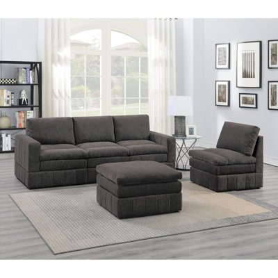 Living Room Modular - 5pc With Mink Suede, Pillow Top Seat, Contemporary Design 5 : Triple Layer Cushion, Cushion Back, Style