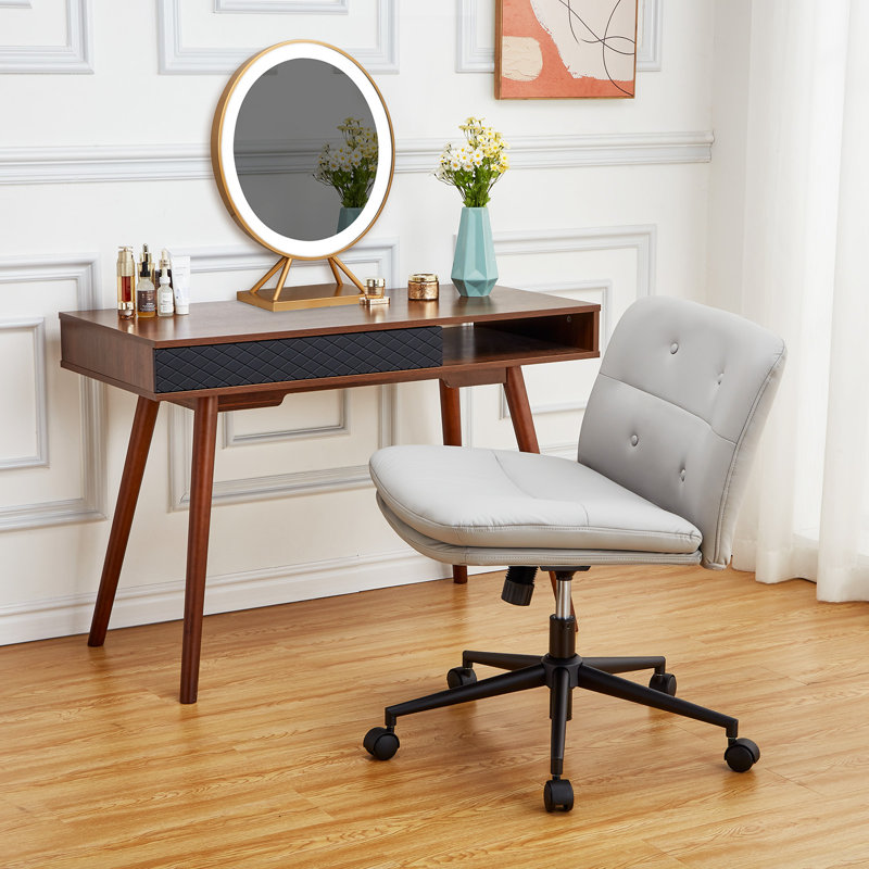 Chaise de bureau ergonomique sans accoudoirs - Grande assise pivotante en similicuir - Chaise de bureau à roulettes réglable en hauteur - Confort moderne pour bureau à domicile ou coiffeuse - Gris pâle