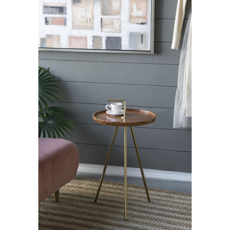 Table d'appoint en bois d'acacia avec pieds en acier à trépied, brun / or, 16 po x 23,5 po