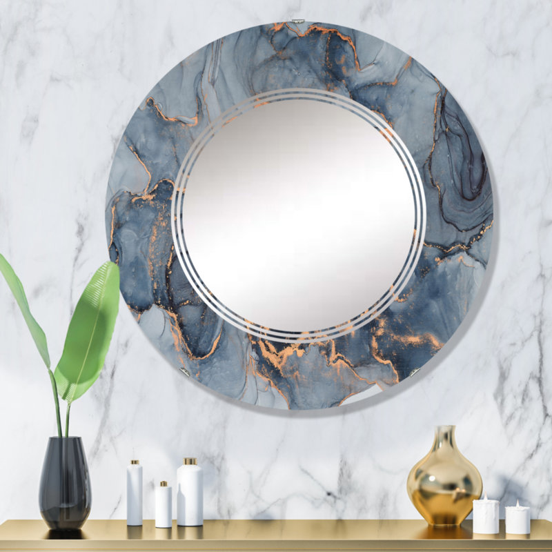 Art mural noir et or infusé liquide III - miroir mural moderne rond, 32 po x 32 po