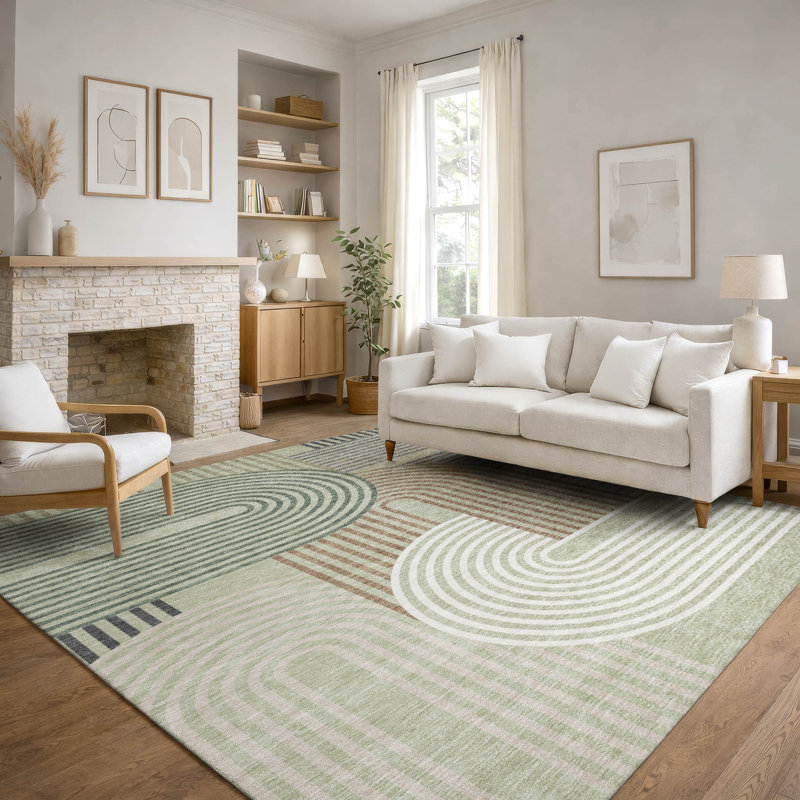 Tapis moderne lavable à la machine de qualité supérieure Mid-Century, Céleri, 5 pi x 7 pi 6 po