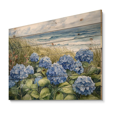 Hydrangeas In The Coastal Garden III - Hydrangea Wood Wall Decor - On Natural Pine Wood