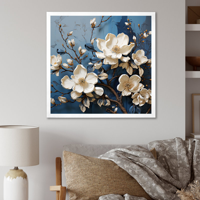 «Blue and White Magnolia Blooming I - Magnolias», reproduction sur toile, H 36 po x l 36 po x P 1,5 po, Cadre simple blanc
