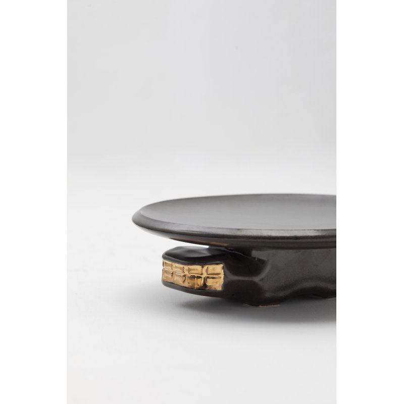 Jaguar Decorative Ceramic Platter In Dark Green Glaze With Gold Luster Details, By Andean, In Stock, Dark Green