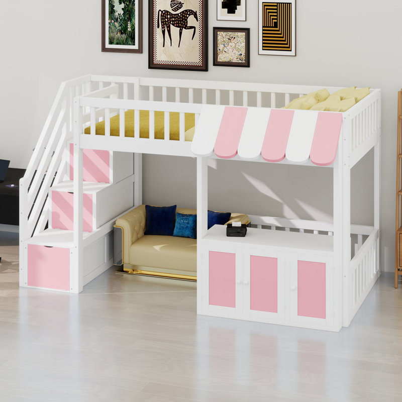 Lit mezzanine avec marches de rangement, lumière DEL et conception de maisonnette pour les chambres d'enfants, Lit simple