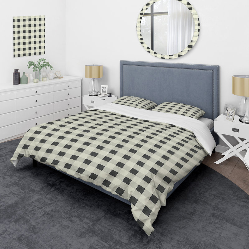Ensemble de housse de couette moderne noir et blanc Gingham Print I, Housse de couette pour grand lit et 2 taies décor