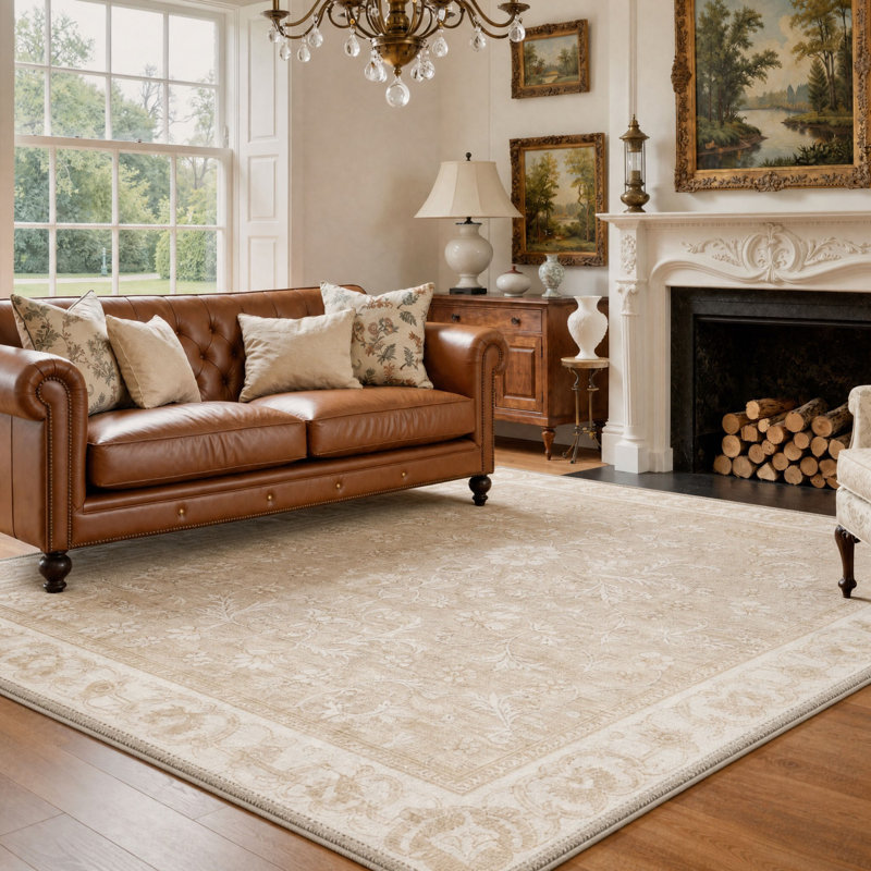 Tapis oriental beige / ivoire lavable à la machine avec envers antidérapant, Rectangle 9' x 12'