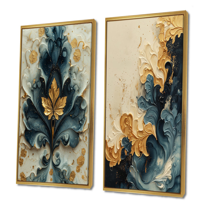 Abstrait floral bleu majestueux «I» - ensemble d'art mural floral abstrait 2 pièces, H 28 po x l 24 po, Cadre flottant doré