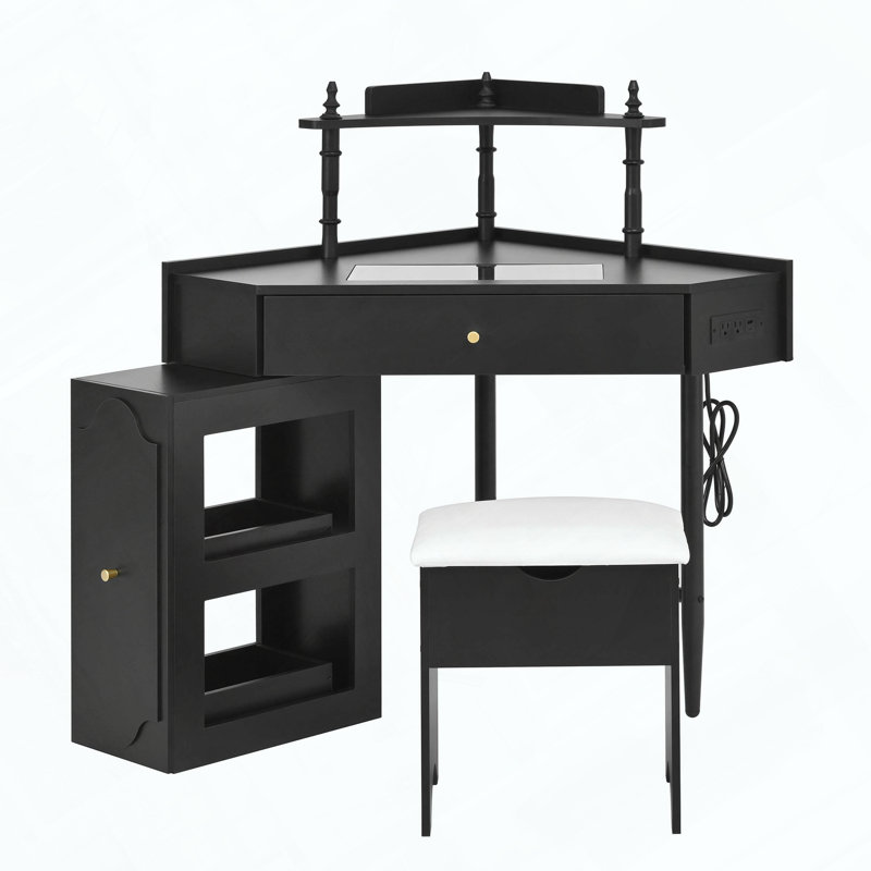 3-Piece Modern Corner Vanity Desk Set with Glass Top Charging Station and Jewelry Organizer, Black
