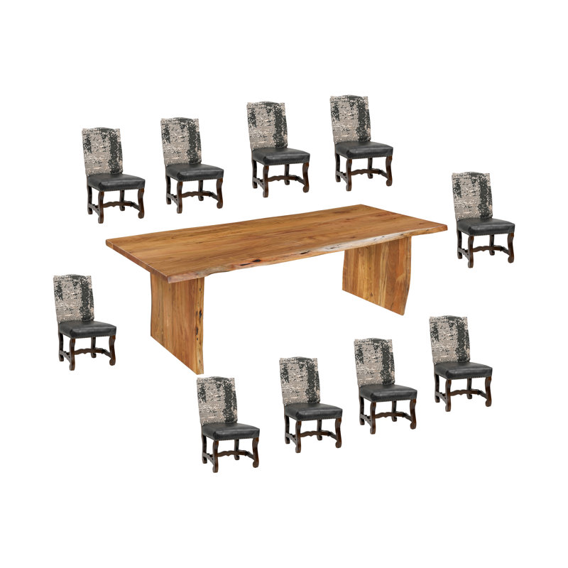 11-Piece Live Edge Solid Wood Dining Set, Gray/Black, Natural