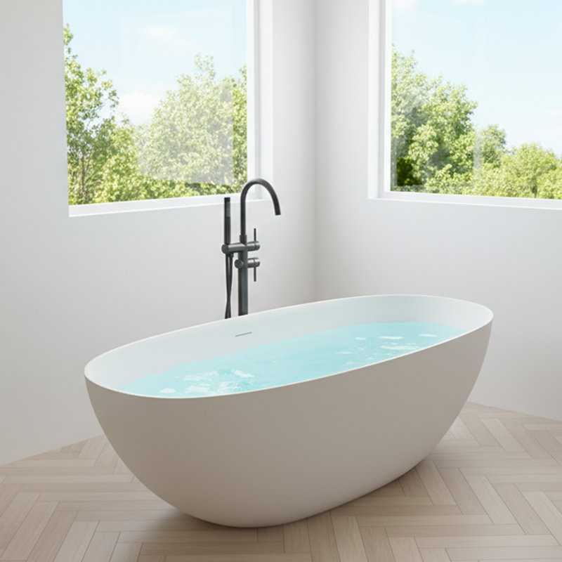 59'' Freestanding Tub Solid Surface Stone Resin Free Standing Soaking Bathtub with Overflow, Pop-up Drain, White