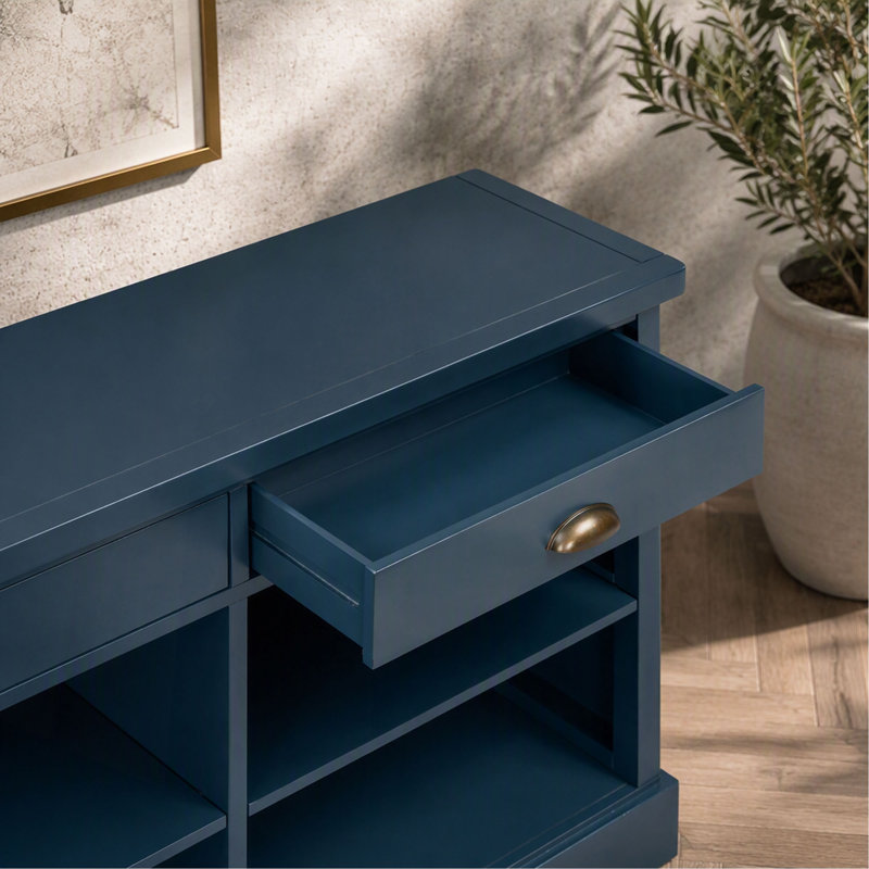 Console avec 2 tiroirs et tablettes de rangement ouvertes, table d'entrée pour le salon, le couloir et la salle à manger (bleu marine) TREXM