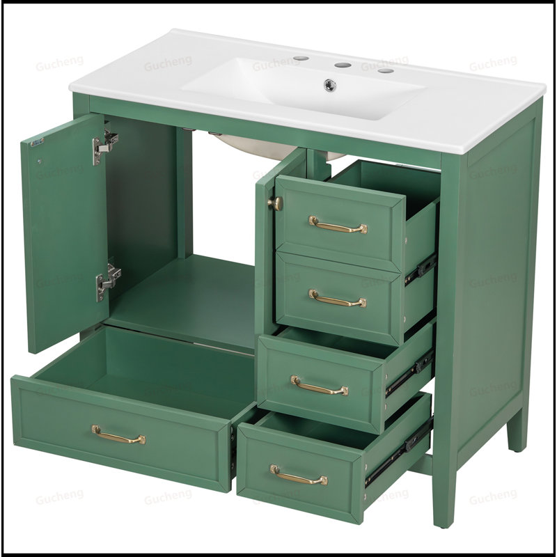 Meuble-lavabo de 36 po avec 4 tiroirs et cadre en bois massif, Vert